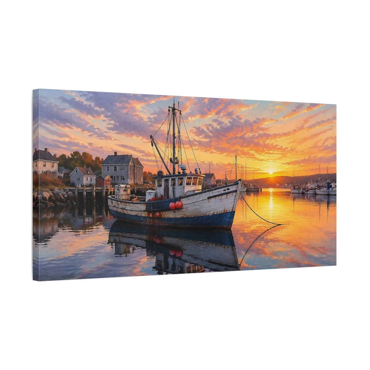 Side Mockup 1. Nature Fishing Boat Orange Blue shown as stretched canvas wall art