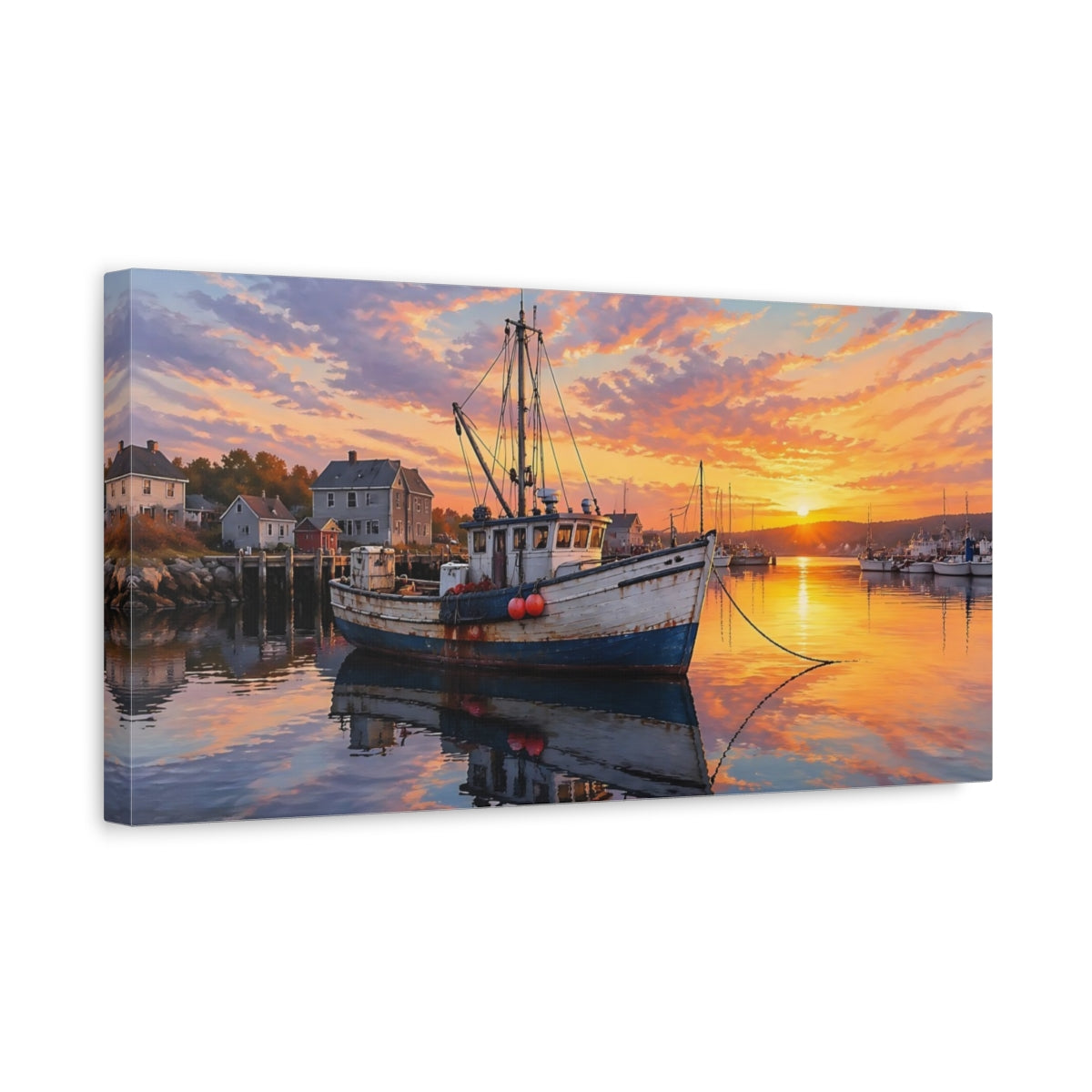 Side Mockup 3. Nature Fishing Boat Orange Blue shown as stretched canvas wall art