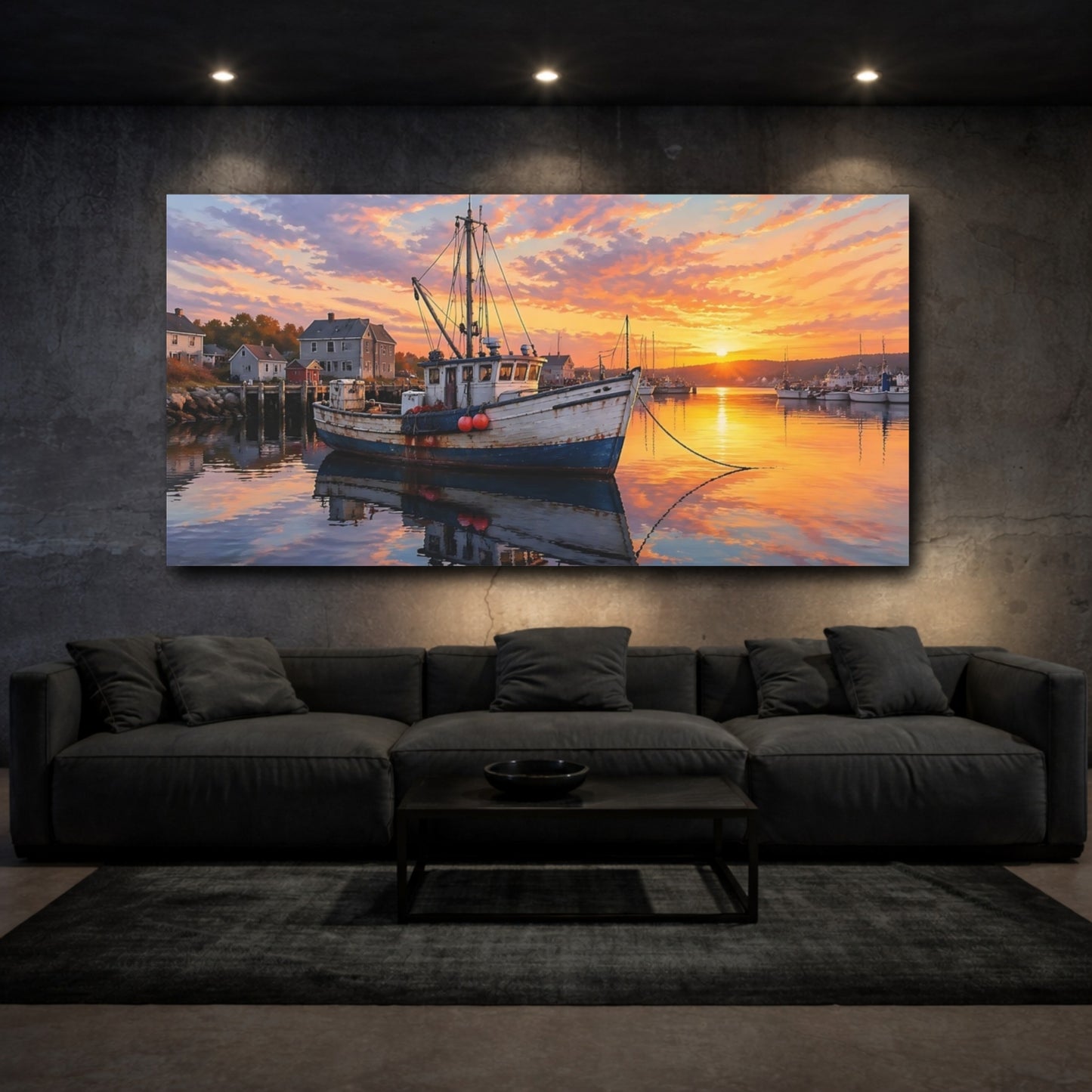 Mockup 2. Nature Fishing Boat Orange Blue shown as stretched canvas wall art