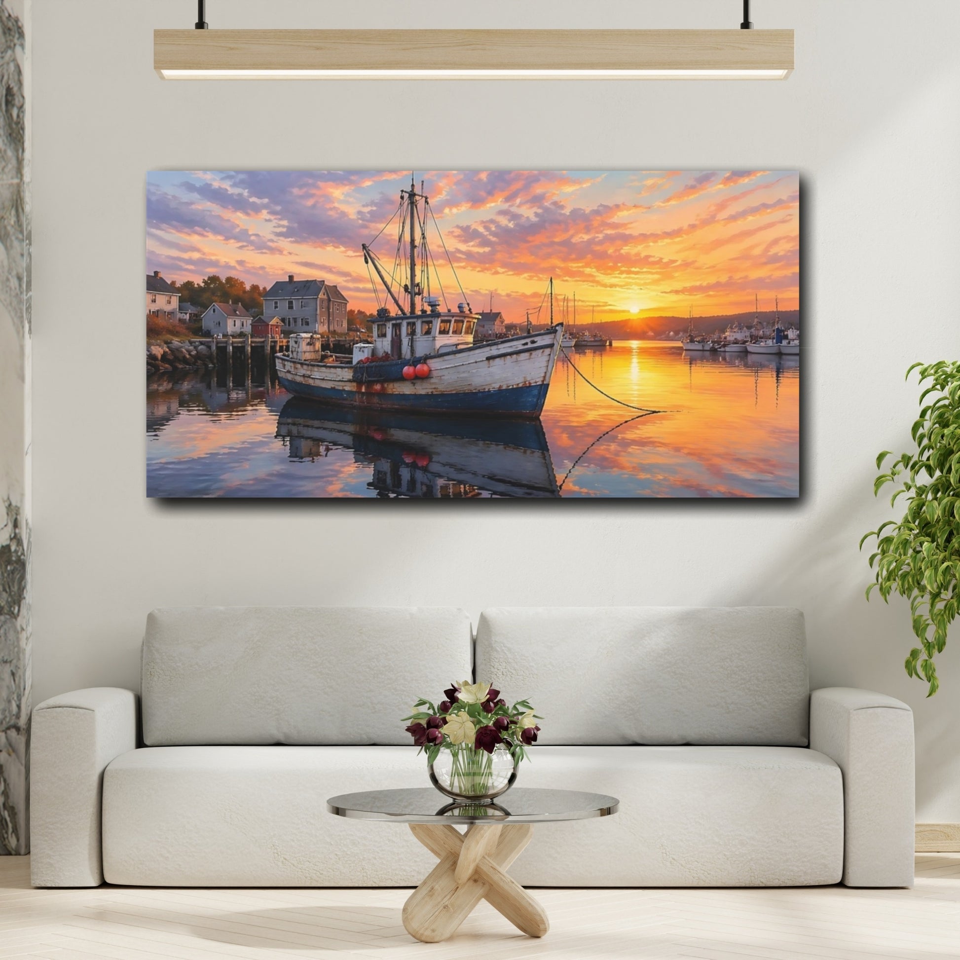 Mockup 3. Nature Fishing Boat Orange Blue shown as stretched canvas wall art