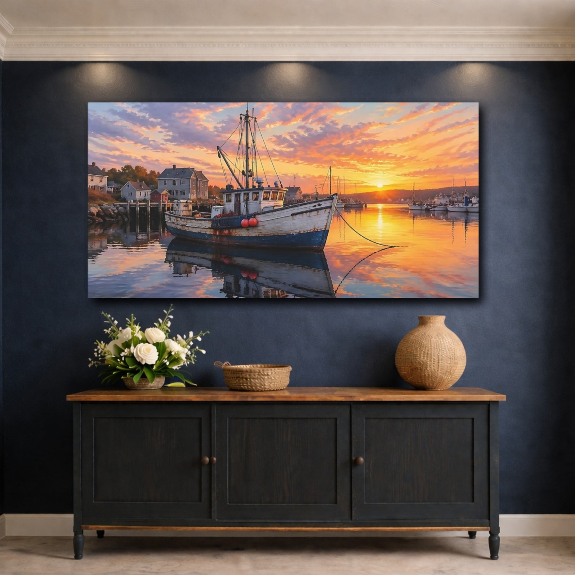 Mockup 4. Nature Fishing Boat Orange Blue shown as stretched canvas wall art