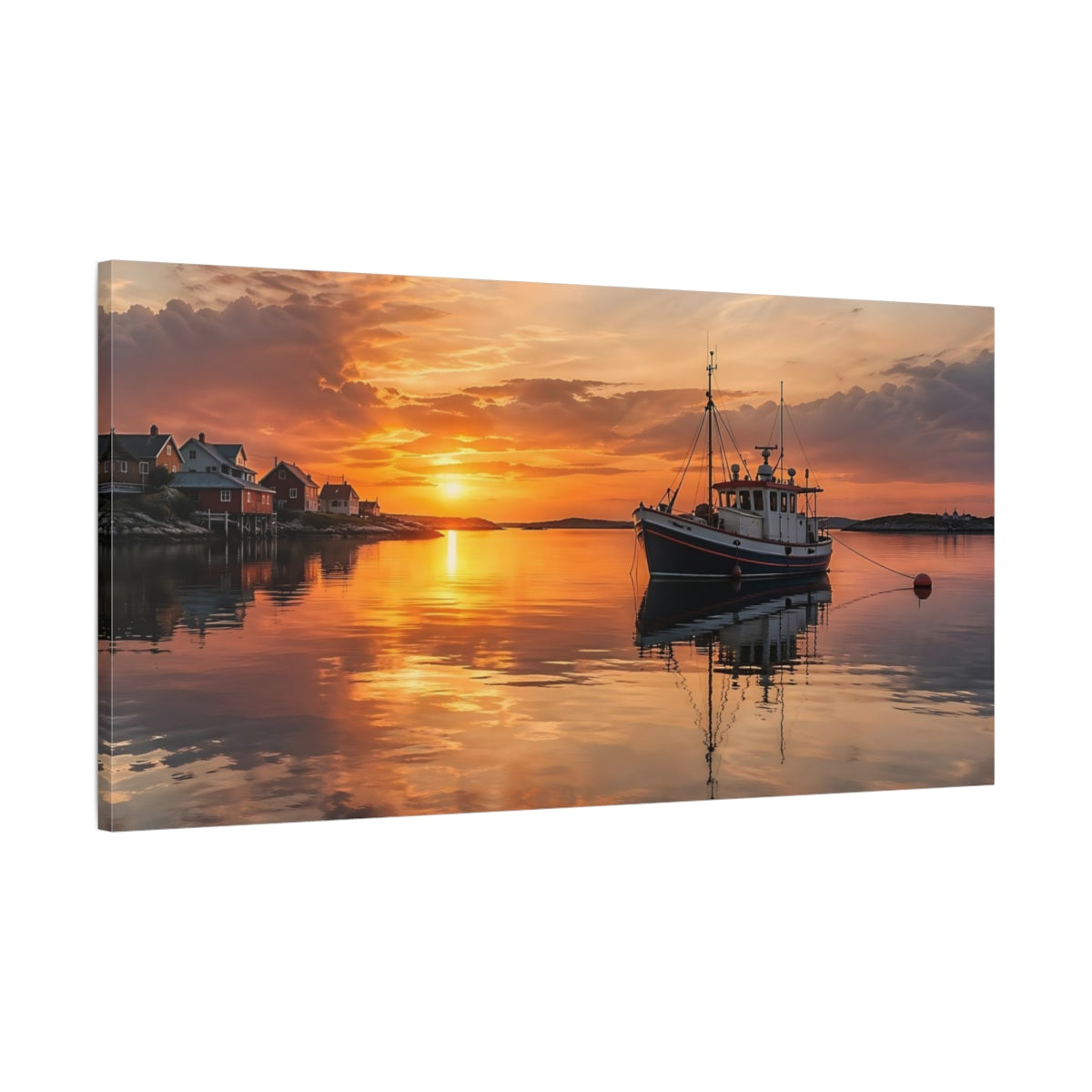 Main Mockup. Nature Fishing Boat Orange Sunset shown as stretched canvas wall art