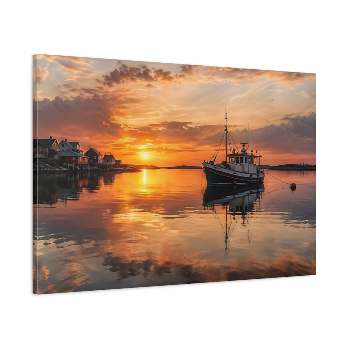 Main Mockup. Nature Fishing Boat Orange Sunset shown as stretched canvas wall art