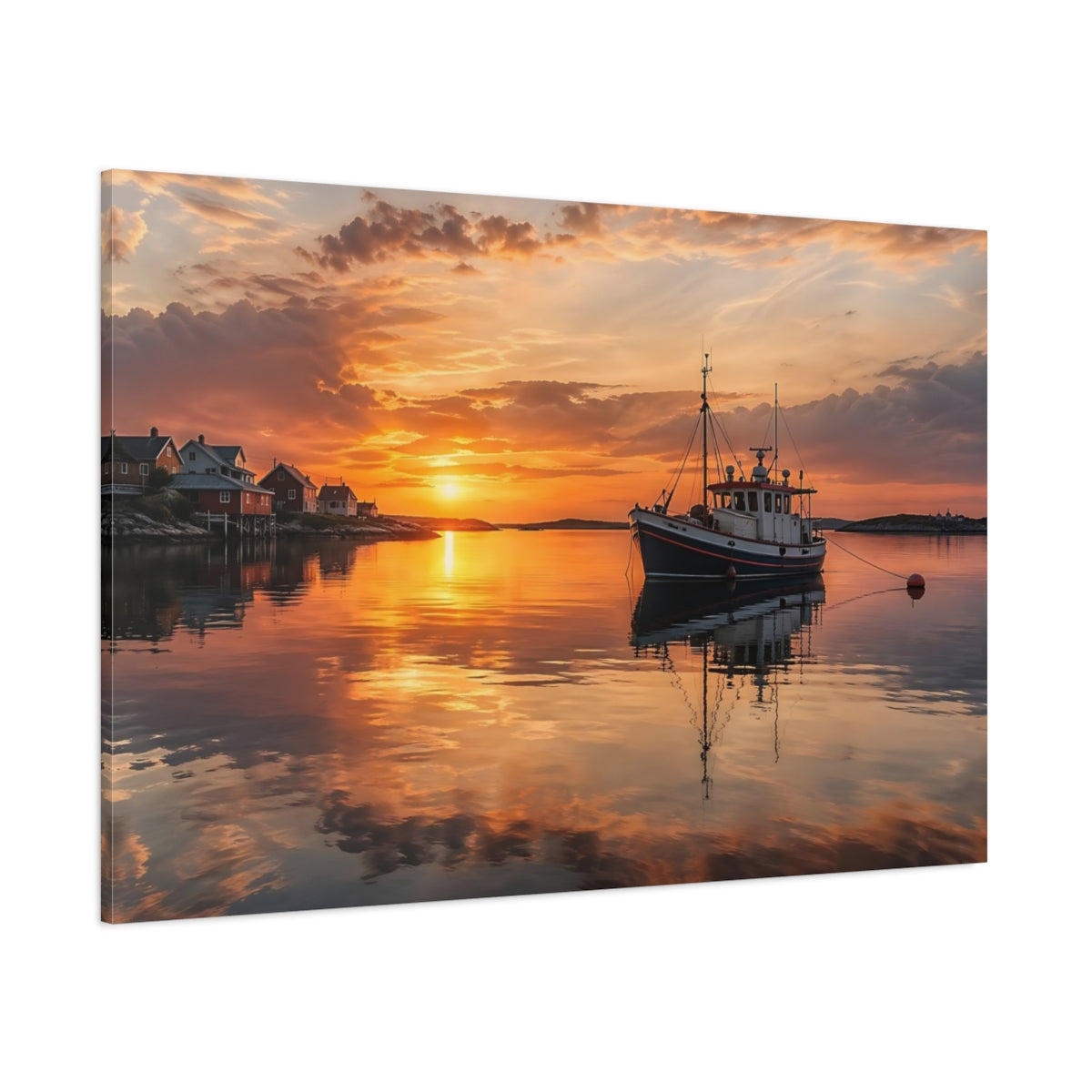 Side Mockup 1. Nature Fishing Boat Orange Sunset shown as stretched canvas wall art