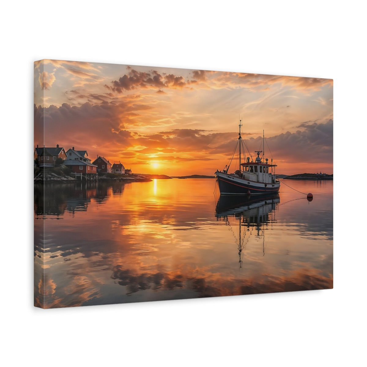 Side Mockup 4. Nature Fishing Boat Orange Sunset shown as stretched canvas wall art