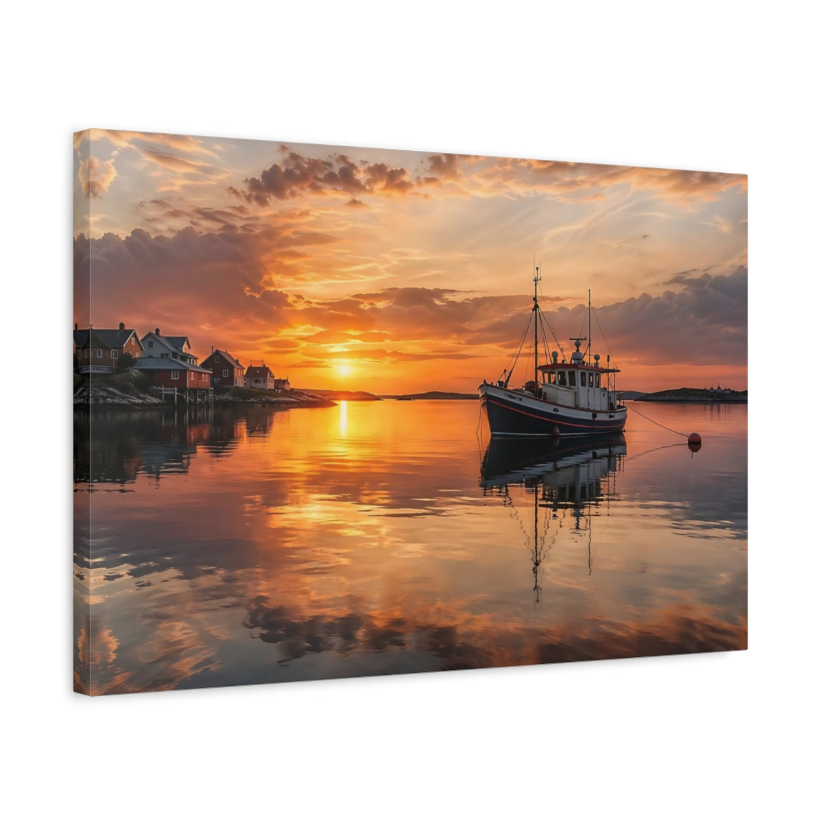 Side Mockup 3. Nature Fishing Boat Orange Sunset shown as stretched canvas wall art