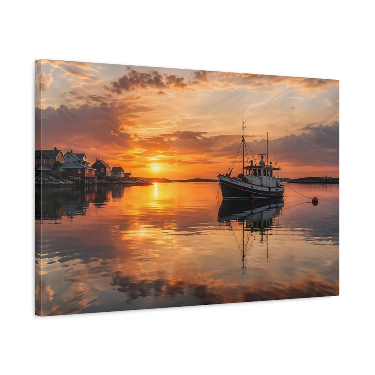 Side Mockup 2. Nature Fishing Boat Orange Sunset shown as stretched canvas wall art