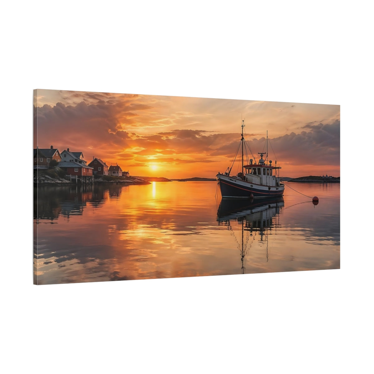 Side Mockup 2. Nature Fishing Boat Orange Sunset shown as stretched canvas wall art