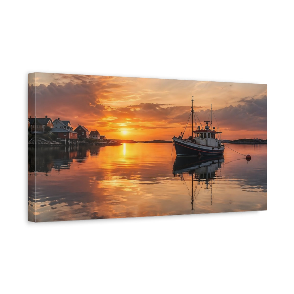 Side Mockup 3. Nature Fishing Boat Orange Sunset shown as stretched canvas wall art