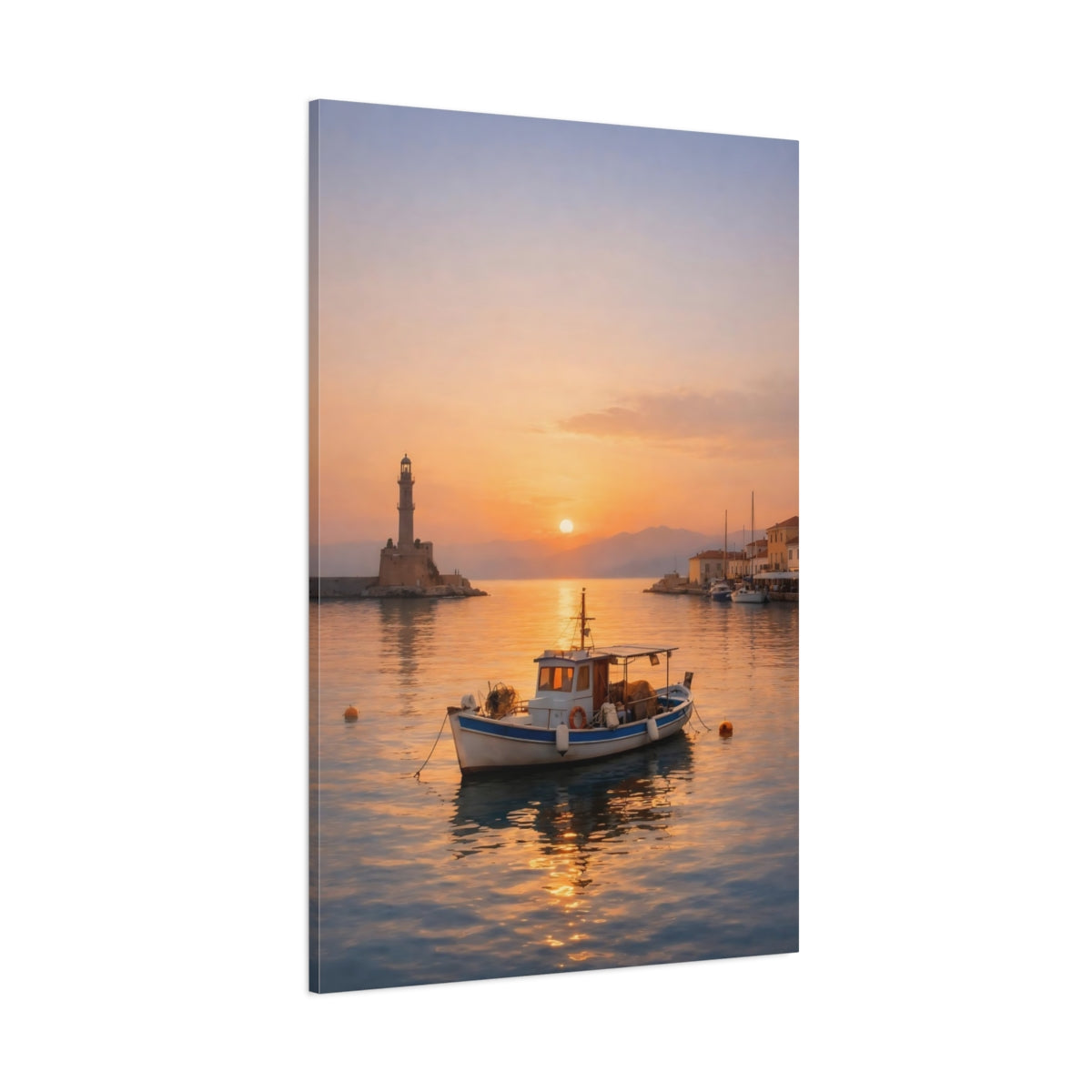 Main Mockup. Nature Fishing Boat Orange Sunset Harbor shown as stretched canvas wall art