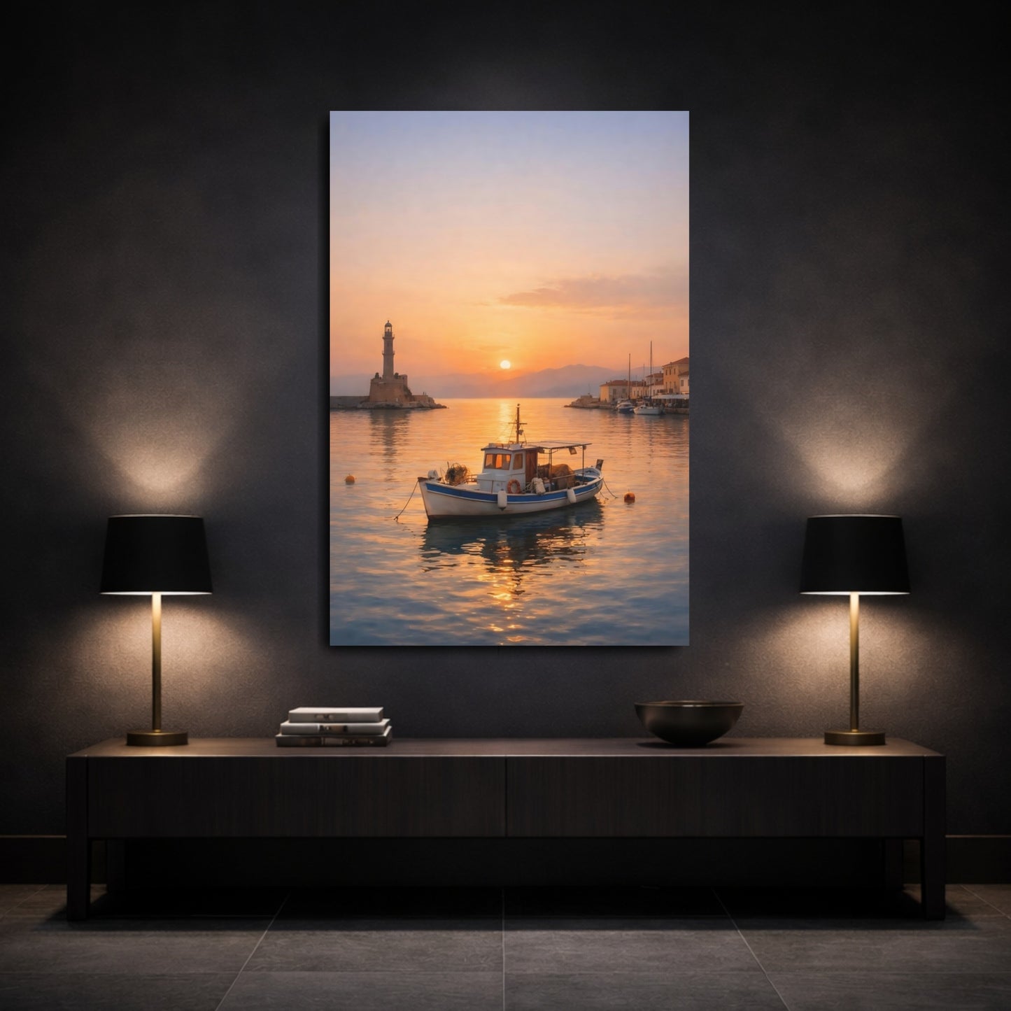 Mockup 2. Nature Fishing Boat Orange Sunset Harbor shown as stretched canvas wall art