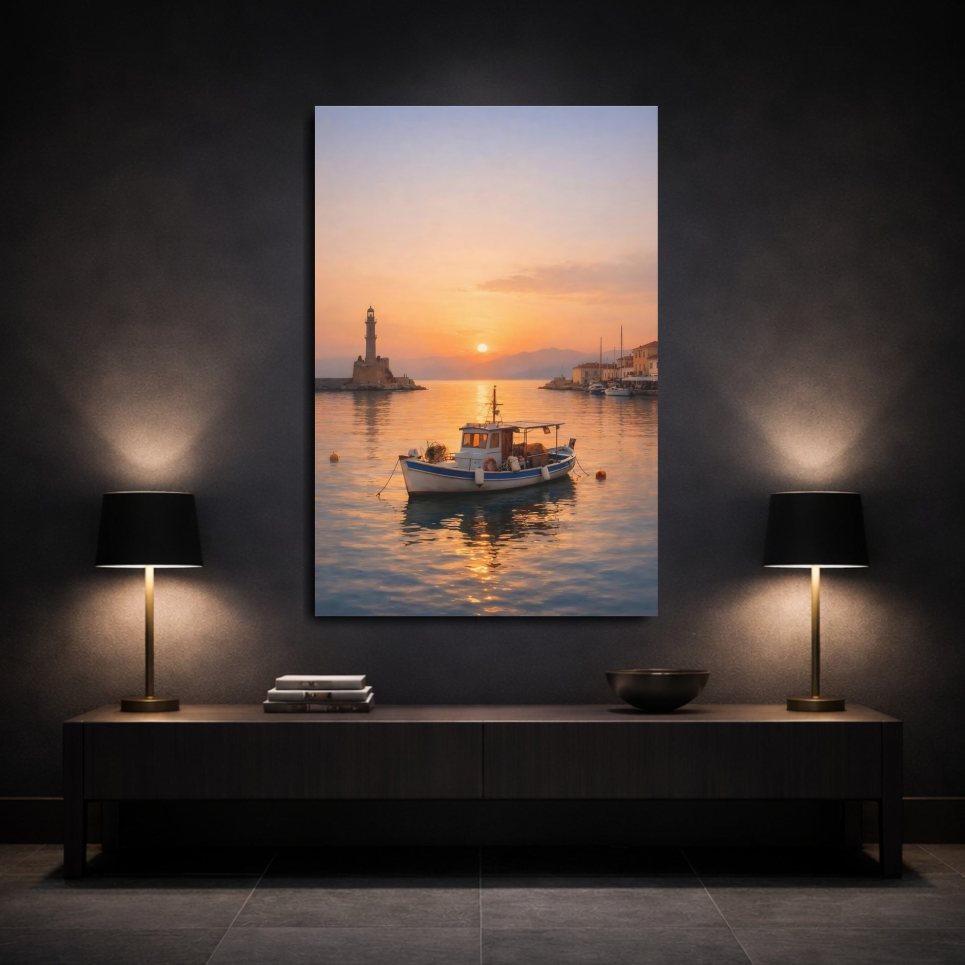Mockup 2. Nature Fishing Boat Orange Sunset Harbor shown as stretched canvas wall art