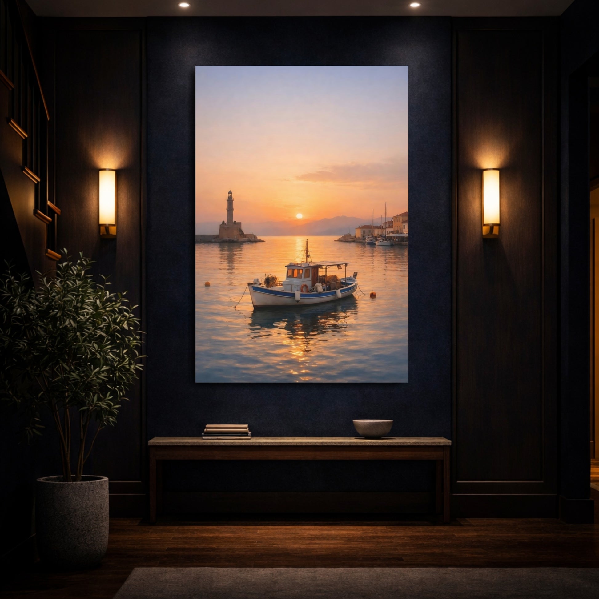 Mockup 3. Nature Fishing Boat Orange Sunset Harbor shown as stretched canvas wall art