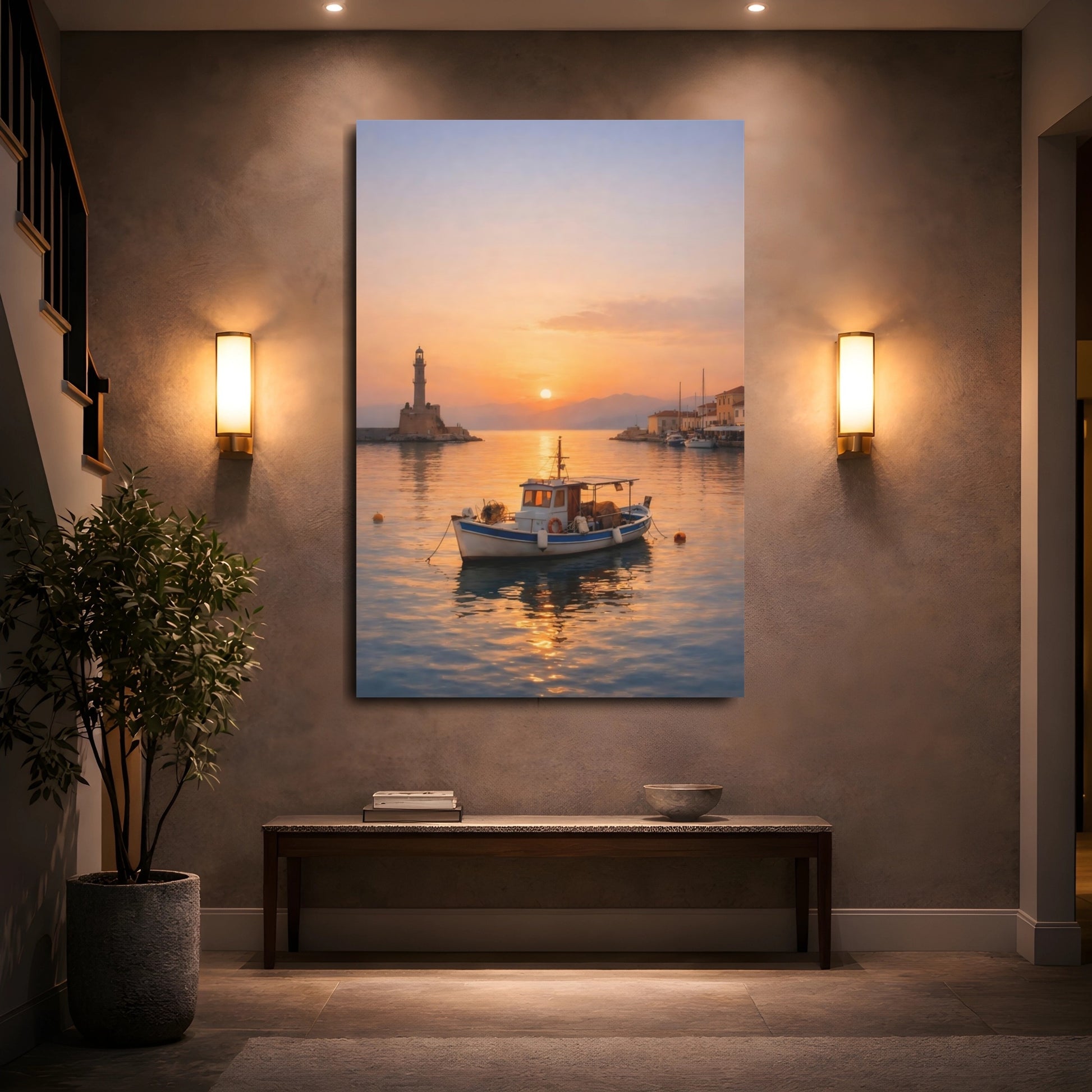 Mockup 4. Nature Fishing Boat Orange Sunset Harbor shown as stretched canvas wall art