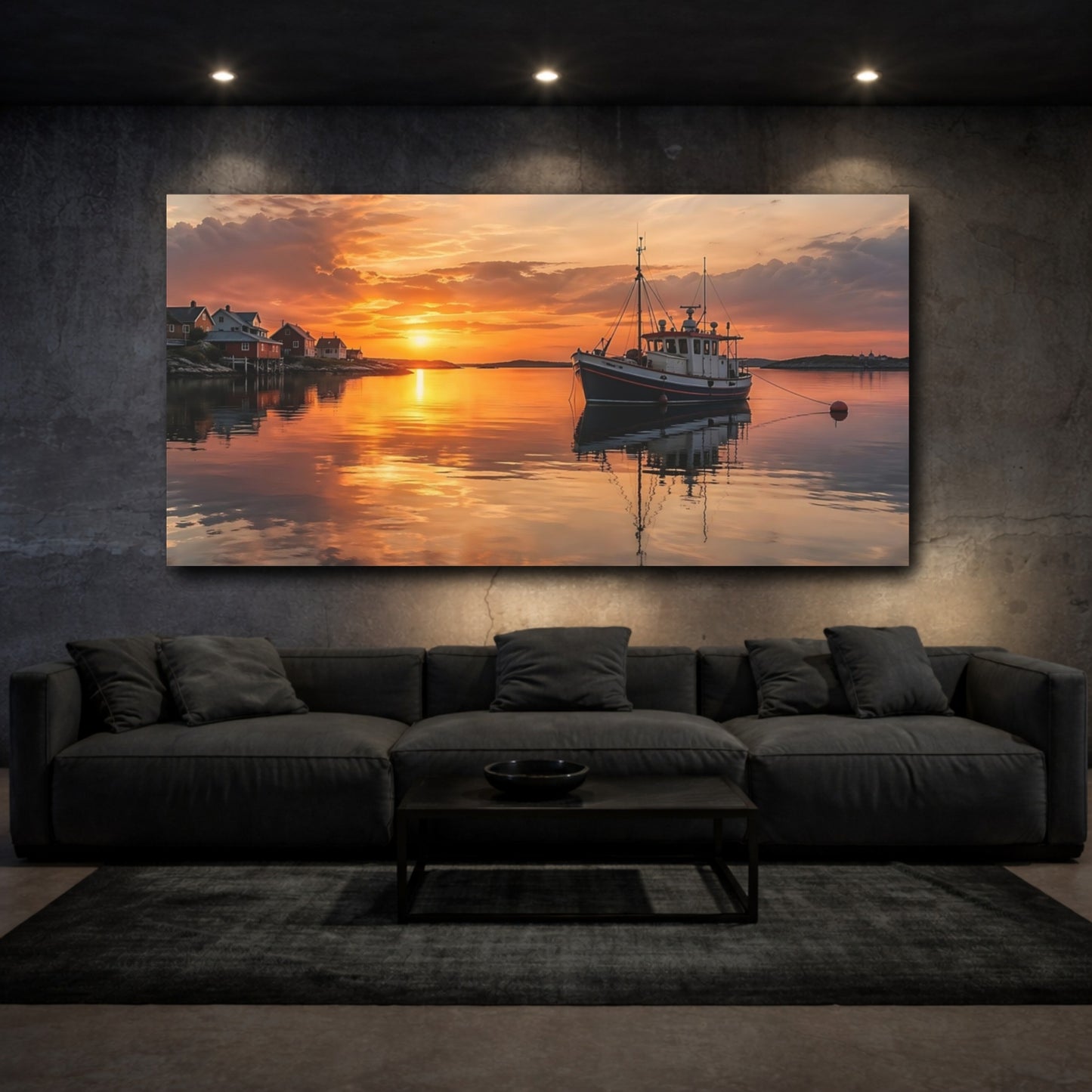 Mockup 2. Nature Fishing Boat Orange Sunset shown as stretched canvas wall art