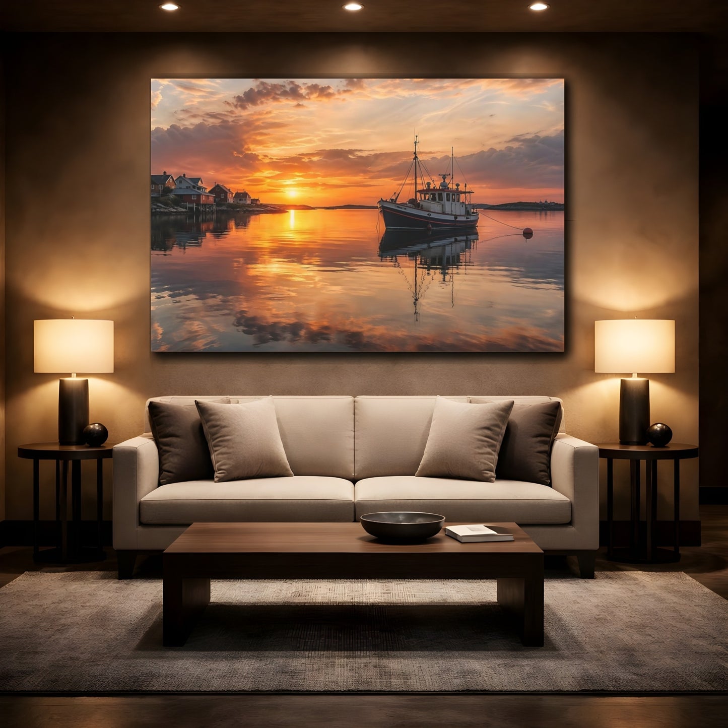 Mockup 2. Nature Fishing Boat Orange Sunset shown as stretched canvas wall art