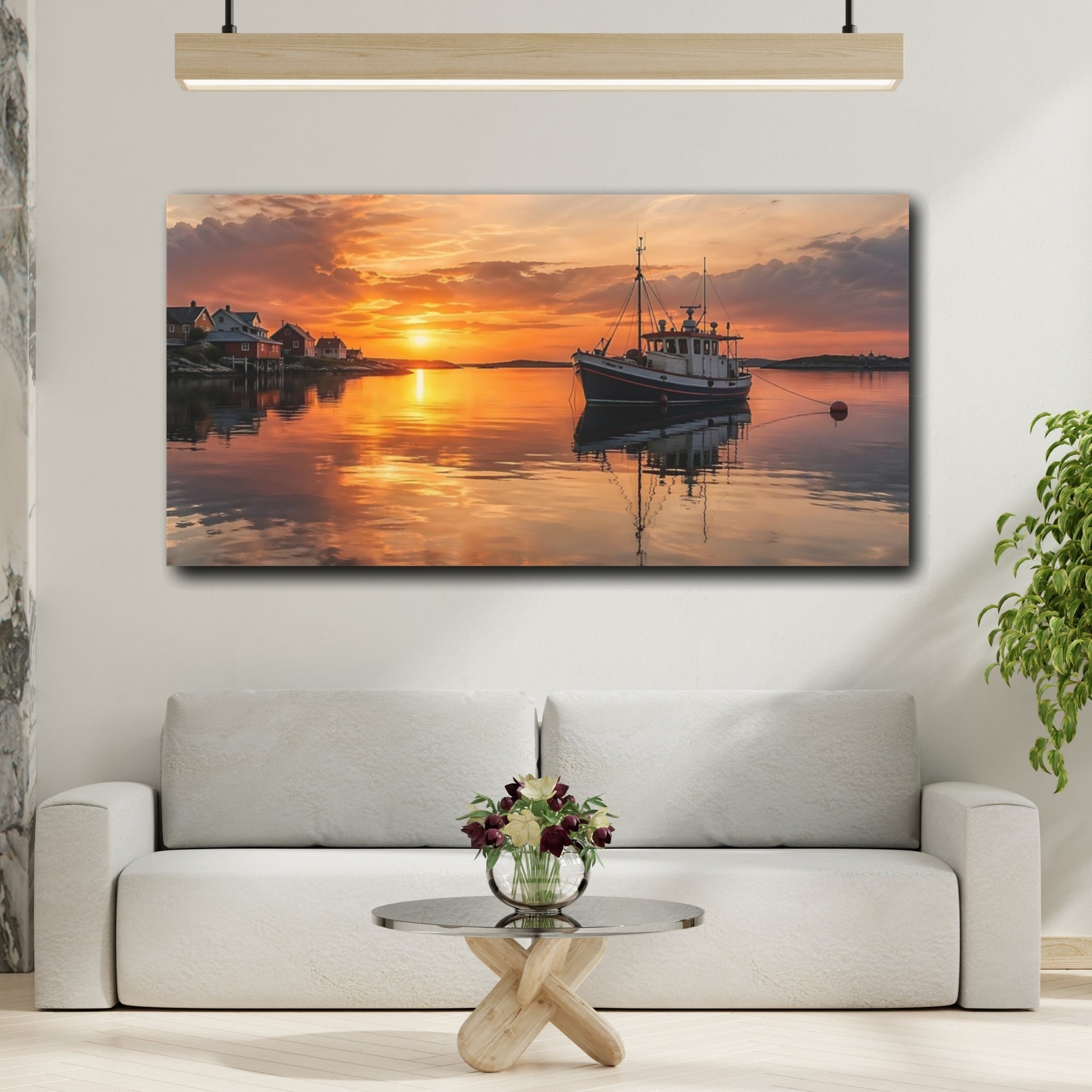 Mockup 3. Nature Fishing Boat Orange Sunset shown as stretched canvas wall art