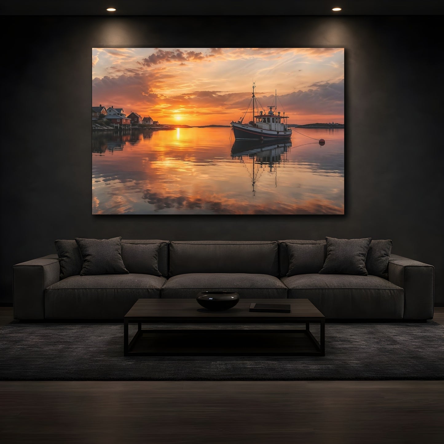 Mockup 3. Nature Fishing Boat Orange Sunset shown as stretched canvas wall art