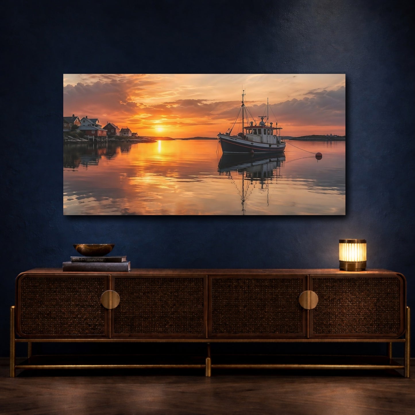Mockup 4. Nature Fishing Boat Orange Sunset shown as stretched canvas wall art