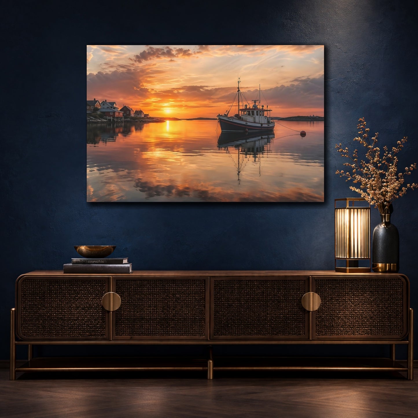 Mockup 4. Nature Fishing Boat Orange Sunset shown as stretched canvas wall art