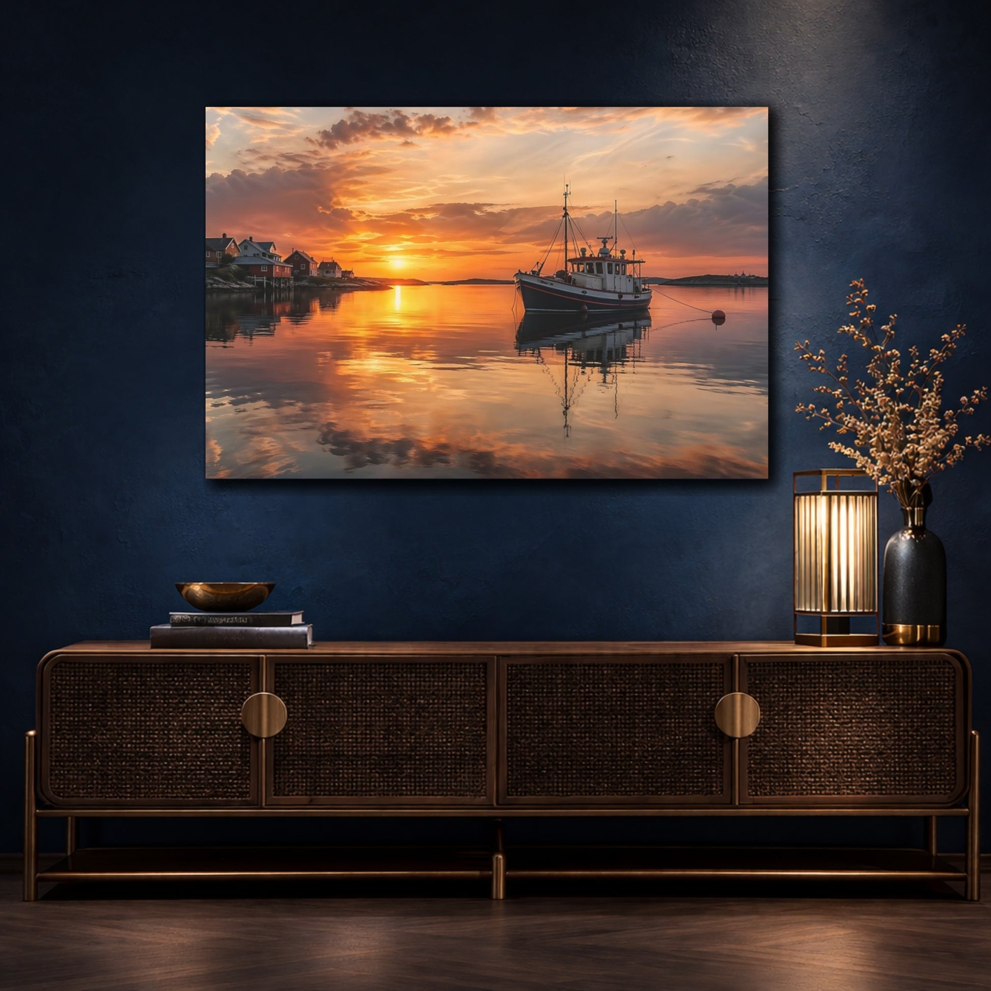 Mockup 4. Nature Fishing Boat Orange Sunset shown as stretched canvas wall art