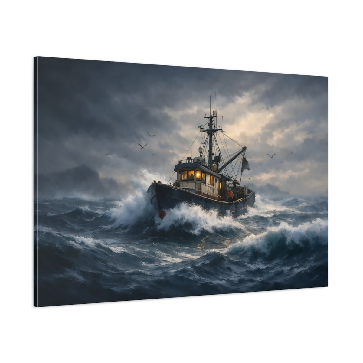 Nature Fishing Boat Stormy Ocean Art - Canvas Wall Art Print - YesArtYes