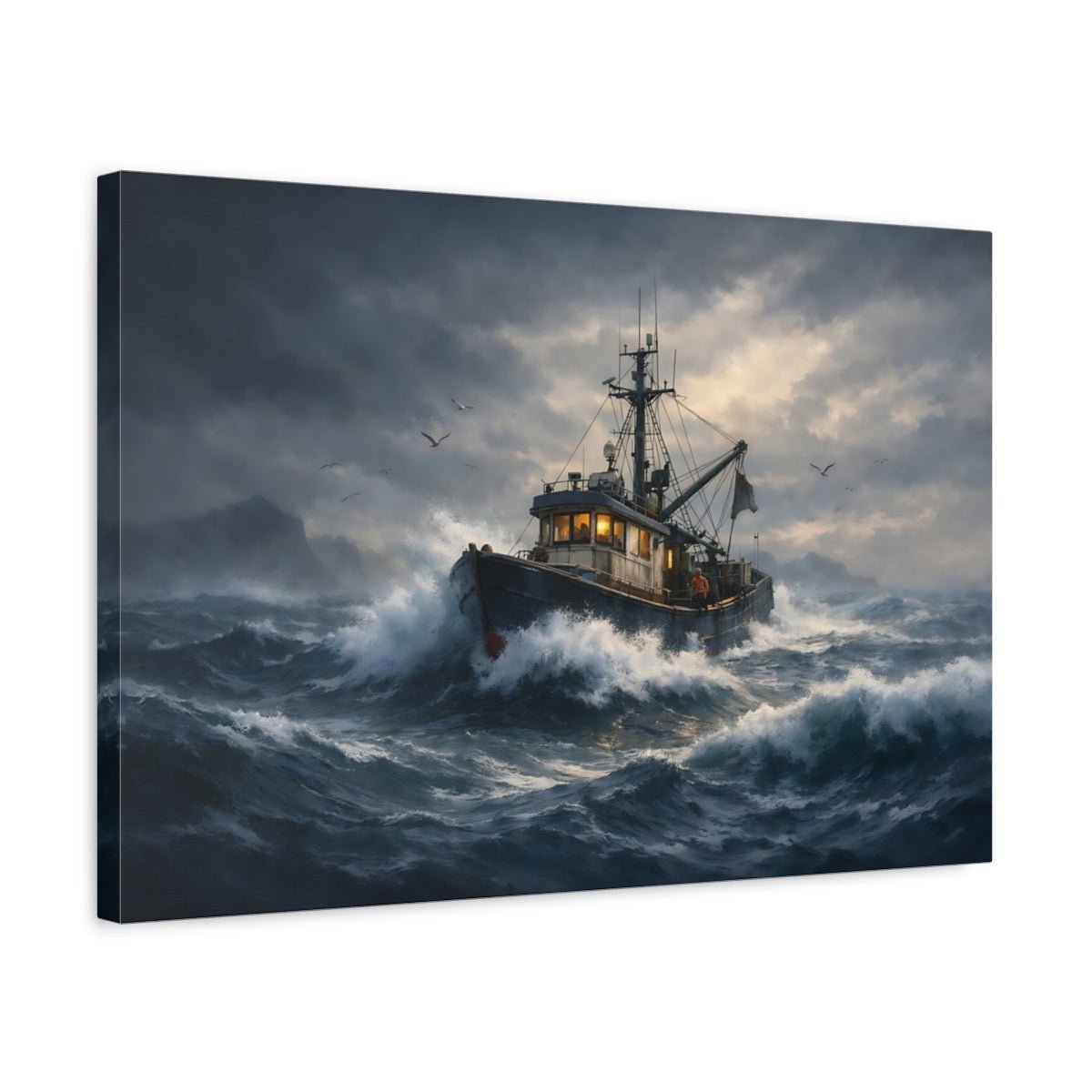 Nature Fishing Boat Stormy Ocean Art - Canvas Wall Art Print - YesArtYes
