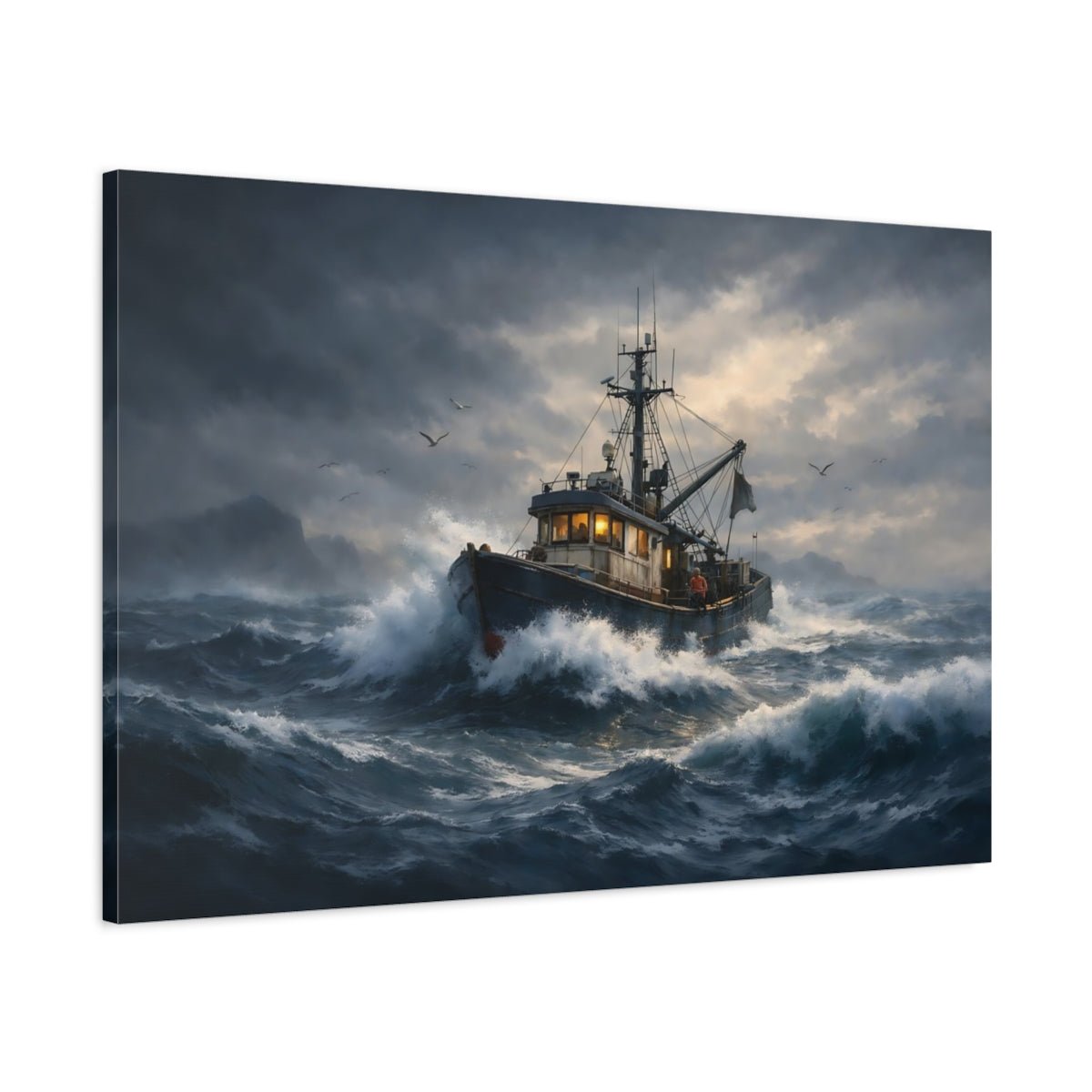 Nature Fishing Boat Stormy Ocean Art - Canvas Wall Art Print - YesArtYes