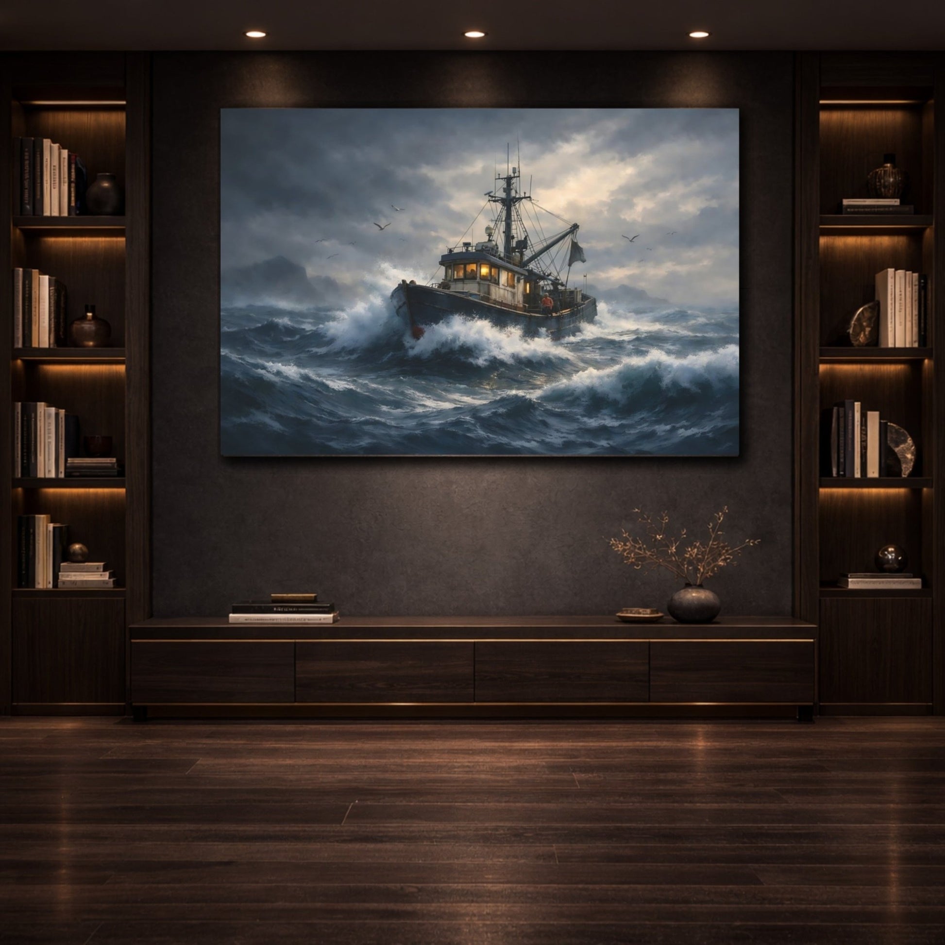 Nature Fishing Boat Stormy Ocean Art - Canvas Wall Art Print - YesArtYes