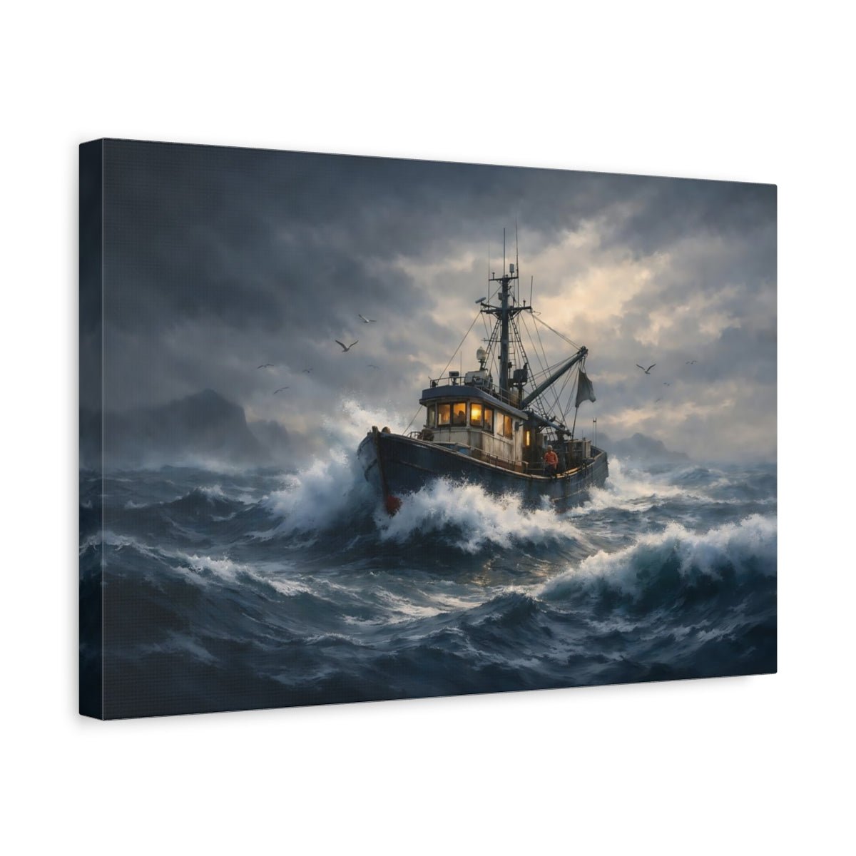 Nature Fishing Boat Stormy Ocean Art - Canvas Wall Art Print - YesArtYes