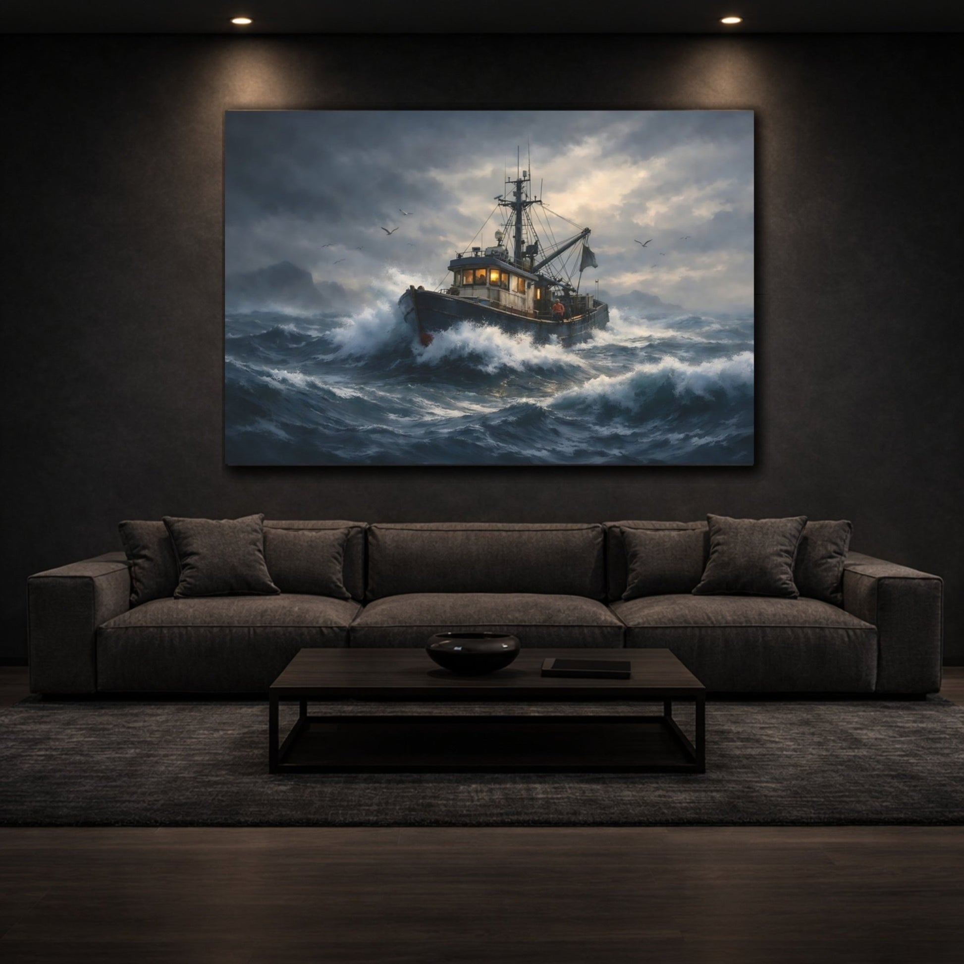 Nature Fishing Boat Stormy Ocean Art - Canvas Wall Art Print - YesArtYes