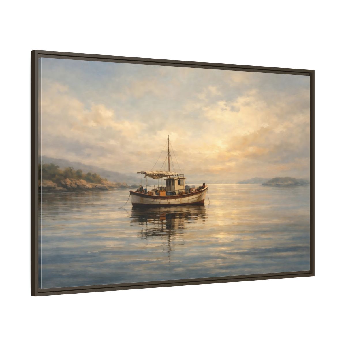 Main Mockup. Nature Fishing Boat Sunrise Hues shown as stretched canvas wall art