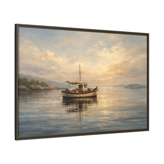 Main Mockup. Nature Fishing Boat Sunrise Hues shown as stretched canvas wall art
