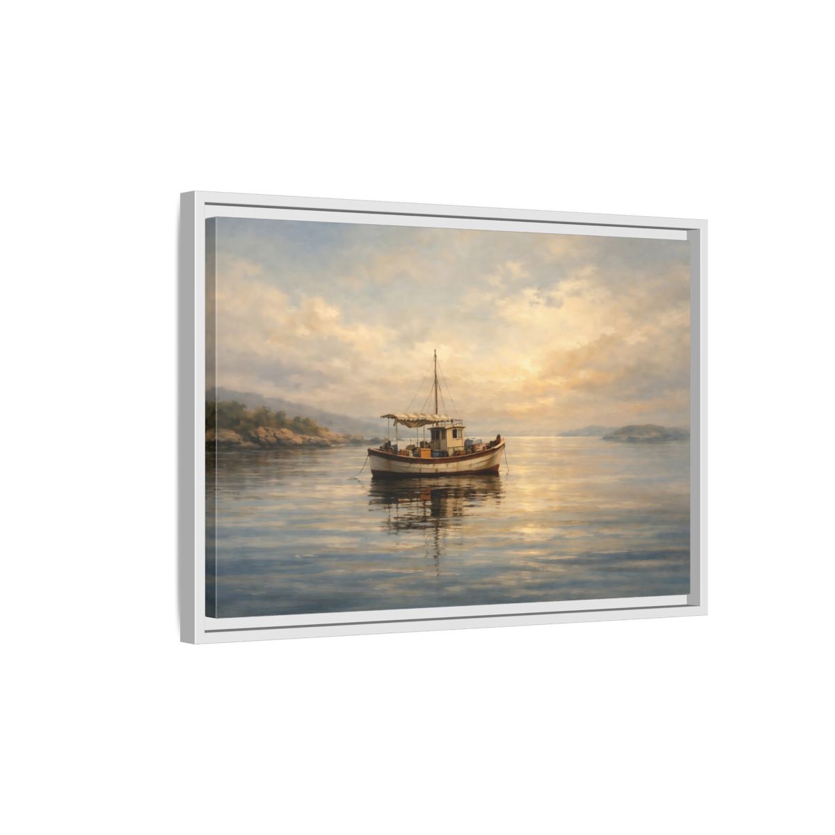 Side Mockup 1. Nature Fishing Boat Sunrise Hues shown as stretched canvas wall art