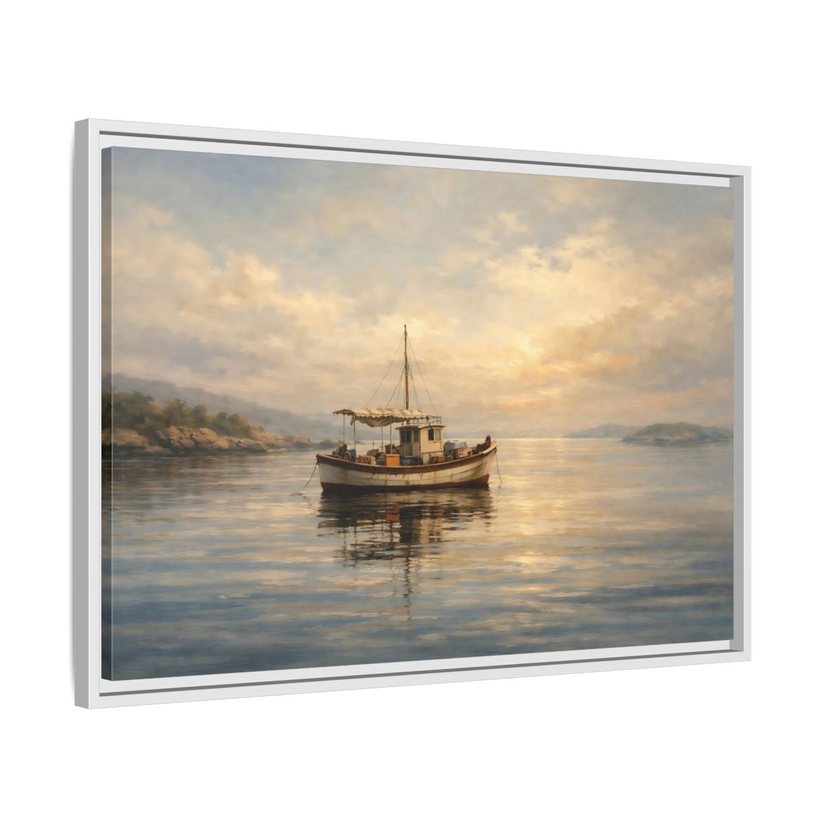 Side Mockup 10. Nature Fishing Boat Sunrise Hues shown as stretched canvas wall art