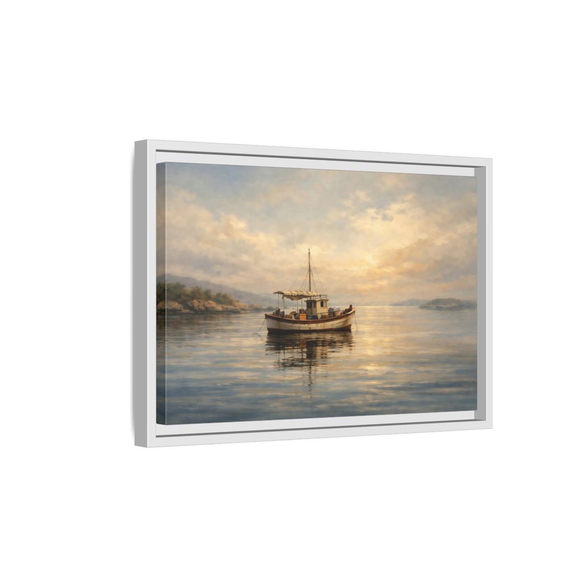 Side Mockup 4. Nature Fishing Boat Sunrise Hues shown as stretched canvas wall art