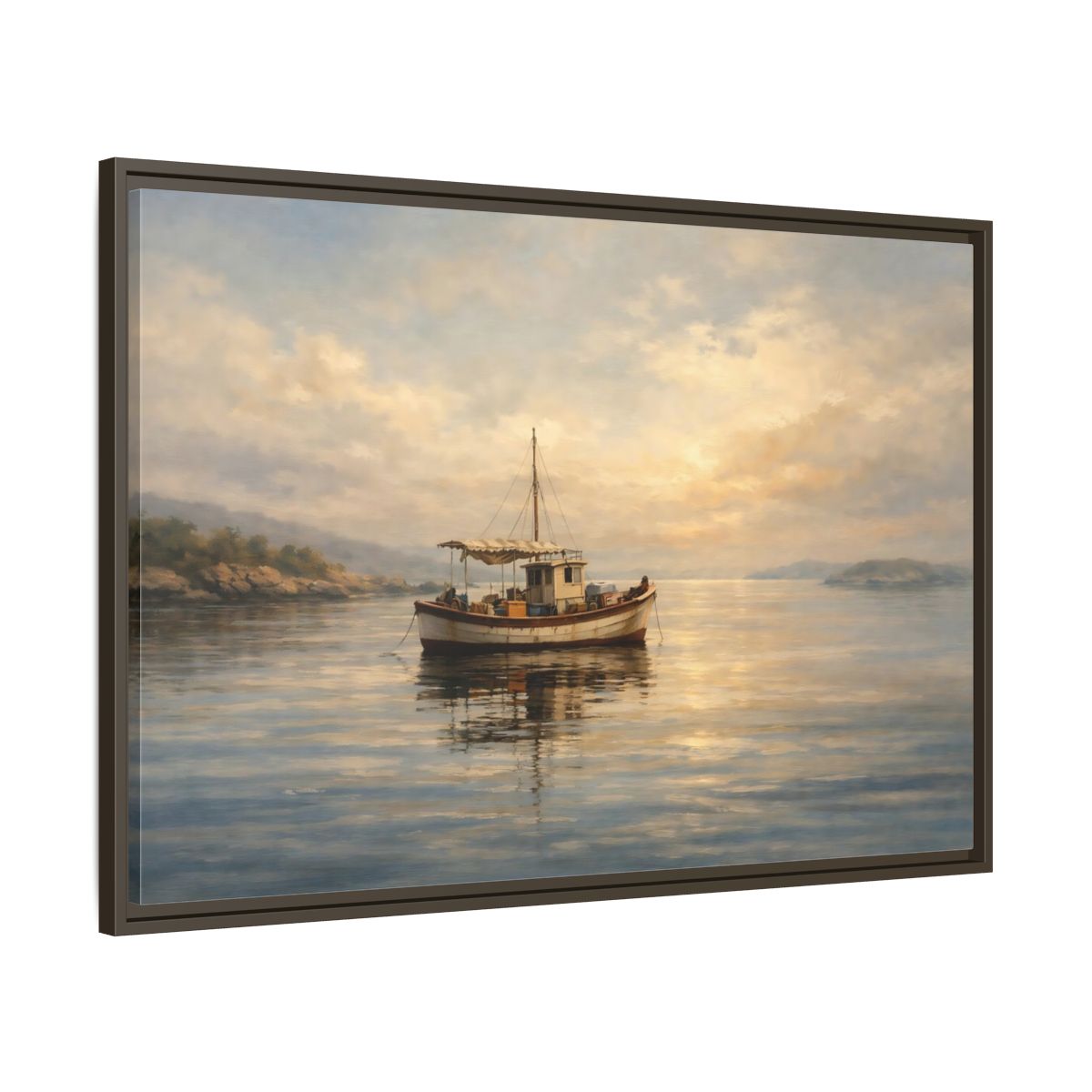 Side Mockup 9. Nature Fishing Boat Sunrise Hues shown as stretched canvas wall art