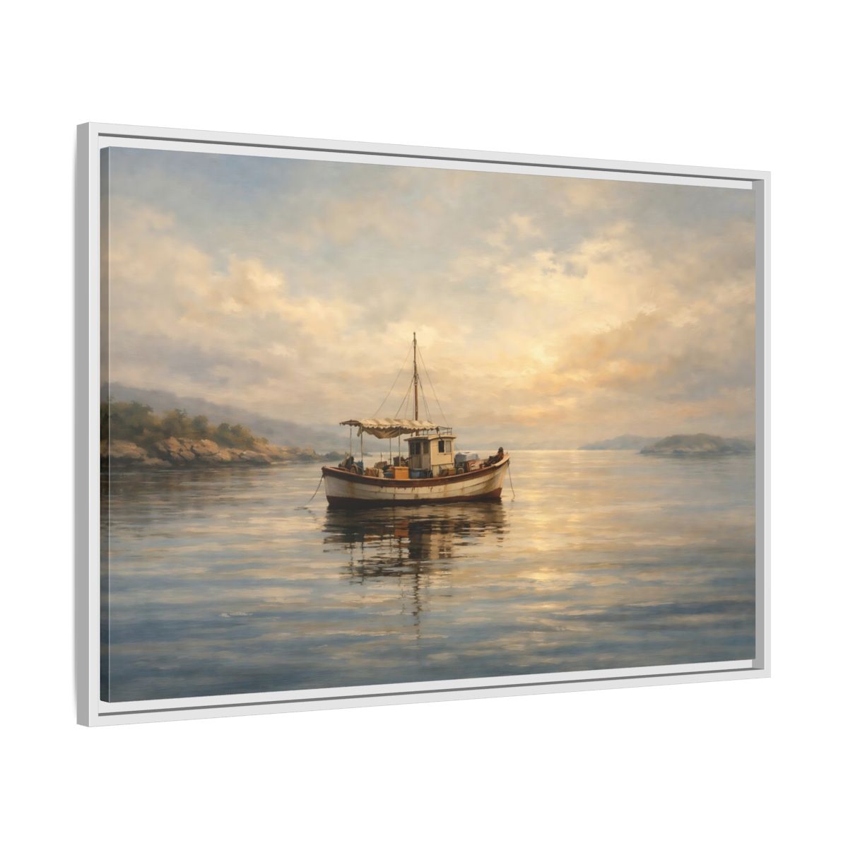 Side Mockup 8. Nature Fishing Boat Sunrise Hues shown as stretched canvas wall art