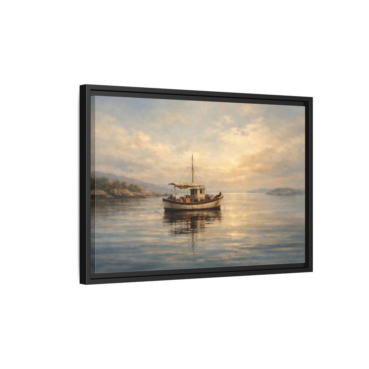 Side Mockup 3. Nature Fishing Boat Sunrise Hues shown as stretched canvas wall art