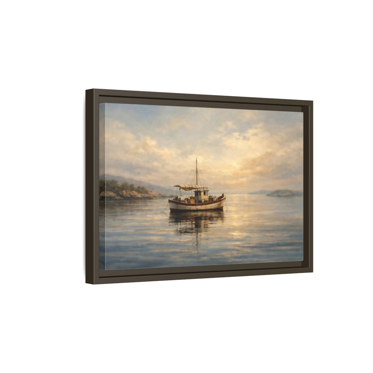 Side Mockup 5. Nature Fishing Boat Sunrise Hues shown as stretched canvas wall art