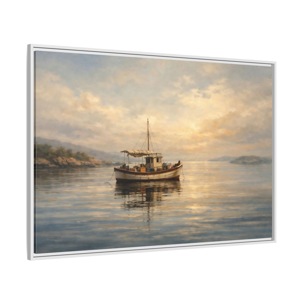 Side Mockup 7. Nature Fishing Boat Sunrise Hues shown as stretched canvas wall art