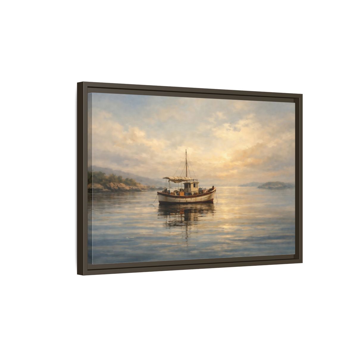 Side Mockup 2. Nature Fishing Boat Sunrise Hues shown as stretched canvas wall art