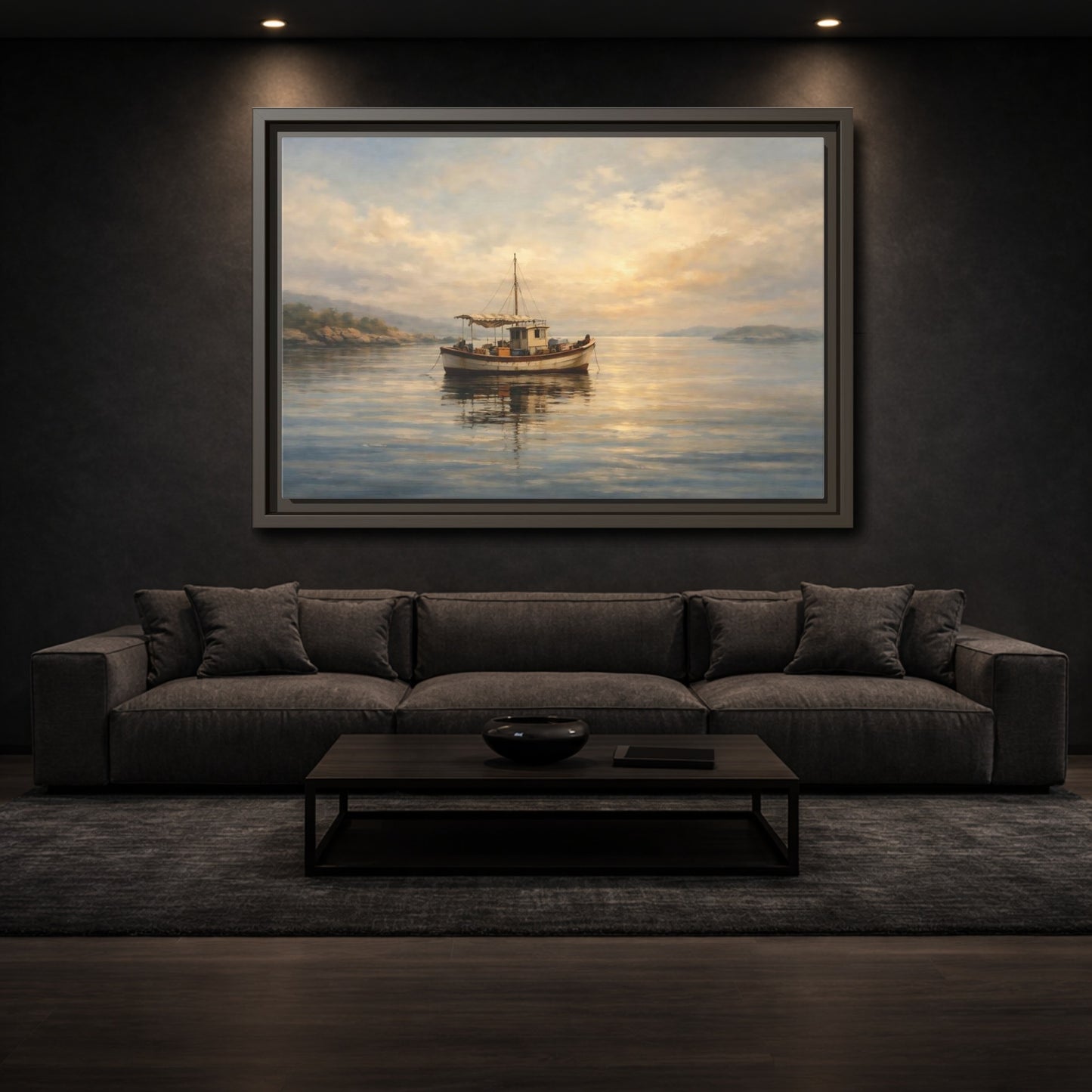 Mockup 2. Nature Fishing Boat Sunrise Hues shown as stretched canvas wall art