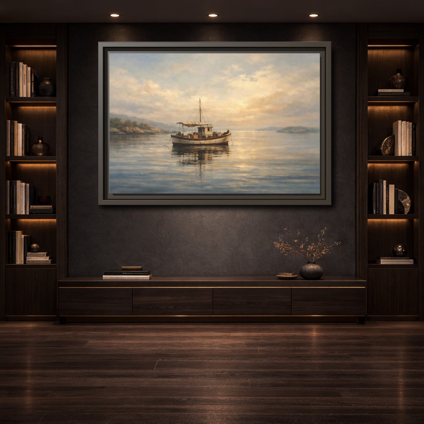 Mockup 3. Nature Fishing Boat Sunrise Hues shown as stretched canvas wall art