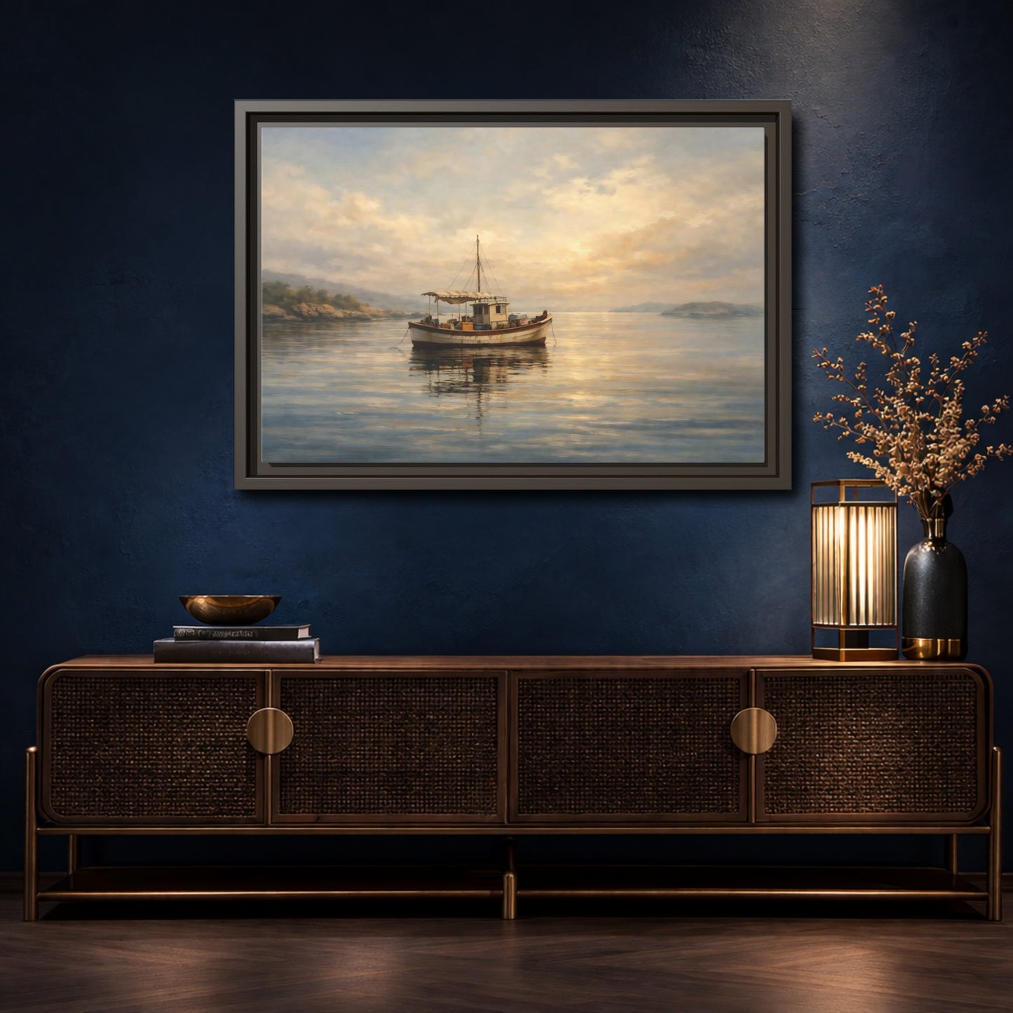 Mockup 4. Nature Fishing Boat Sunrise Hues shown as stretched canvas wall art