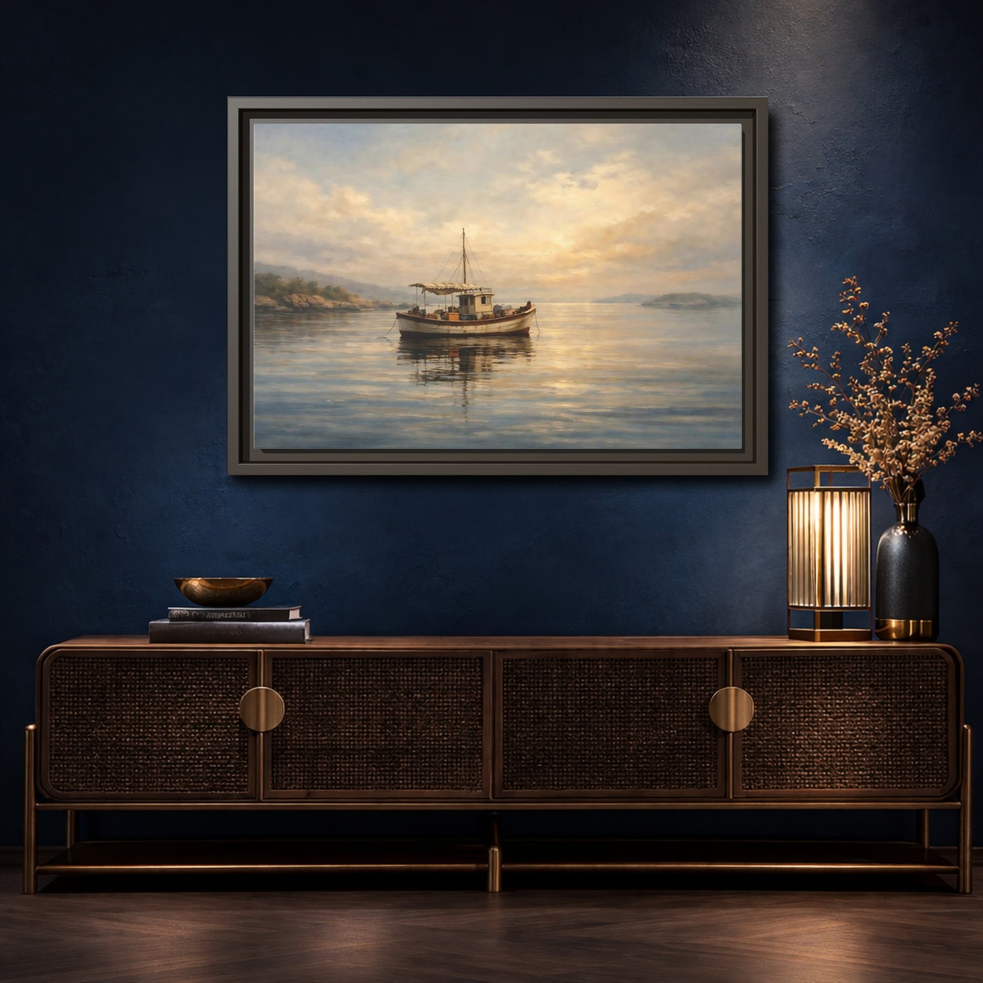 Mockup 4. Nature Fishing Boat Sunrise Hues shown as stretched canvas wall art