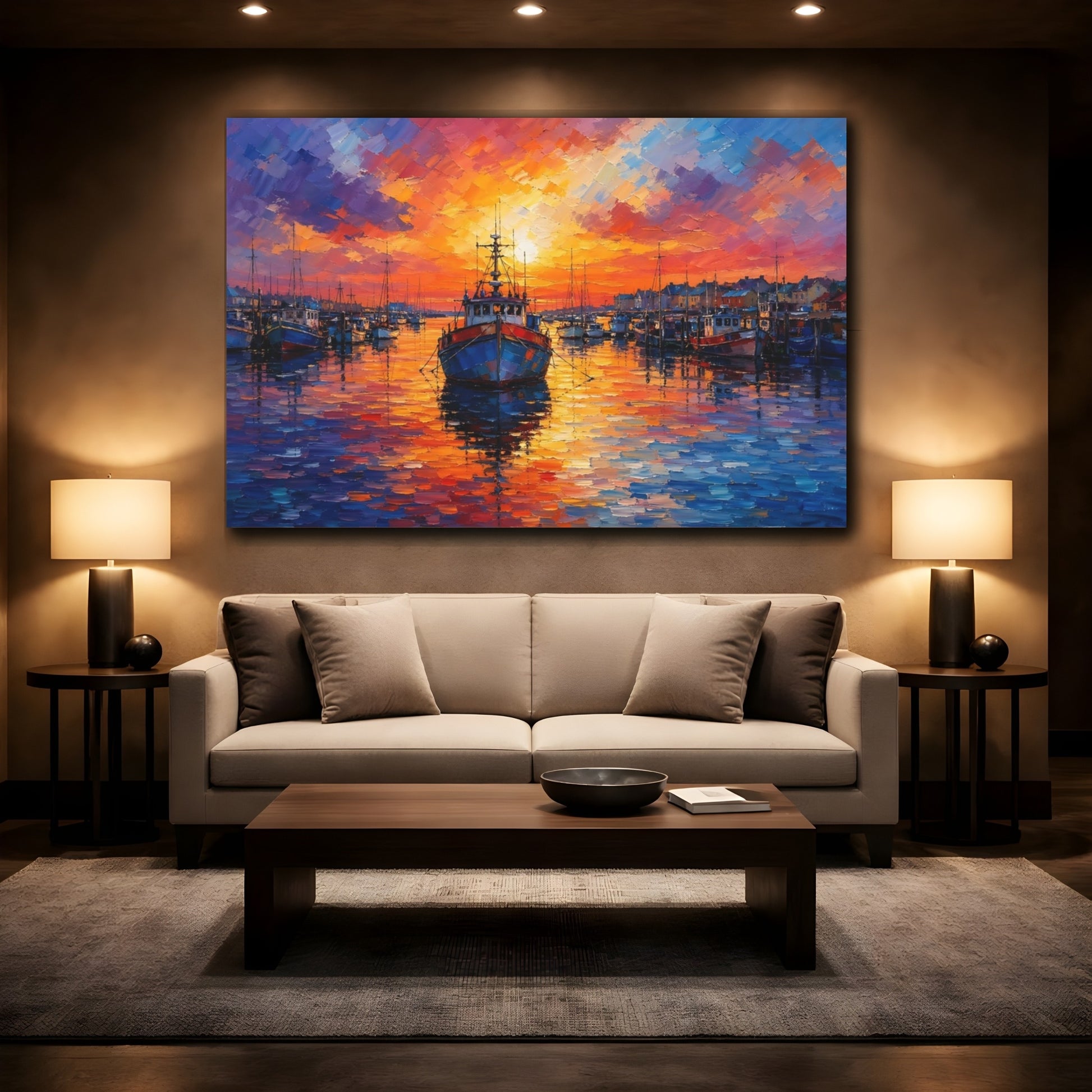 Mockup 2. Nature Fishing Boats Colorful Harbor shown as stretched canvas wall art
