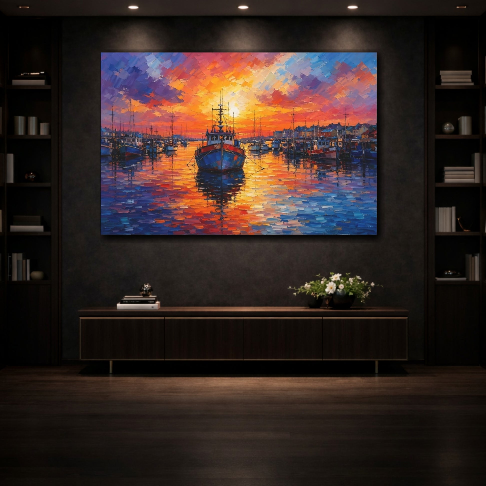 Mockup 3. Nature Fishing Boats Colorful Harbor shown as stretched canvas wall art