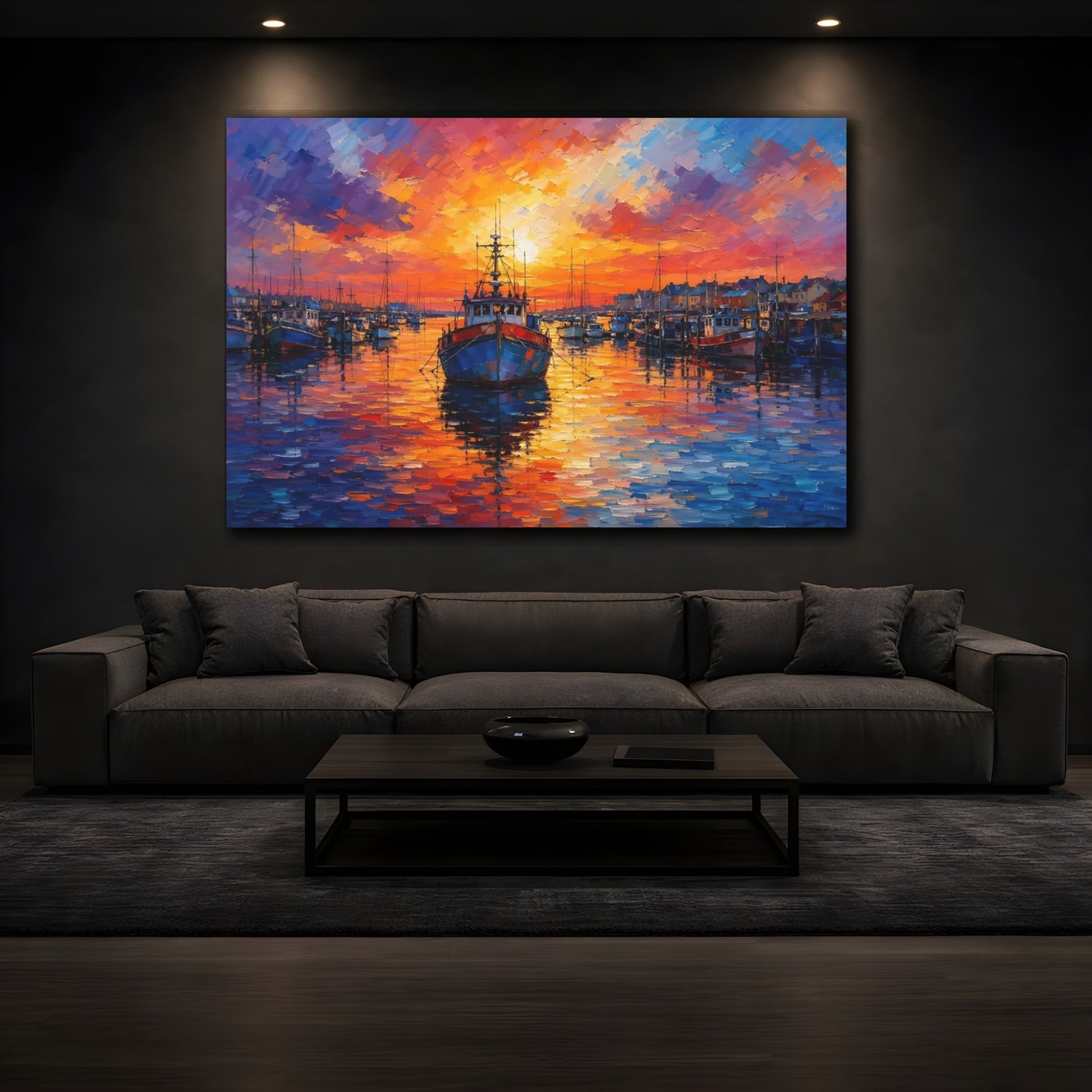 Mockup 4. Nature Fishing Boats Colorful Harbor shown as stretched canvas wall art