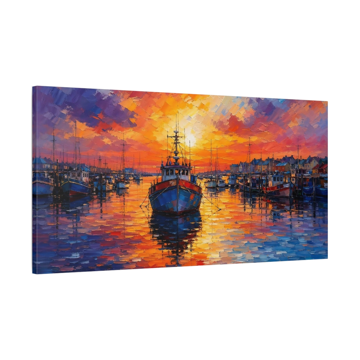 Main Mockup. Nature Fishing Boats Harbor Sunset shown as stretched canvas wall art